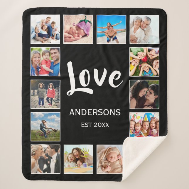 Custom Family Photo Collage Personalized Black Sherpa Blanket (Front)