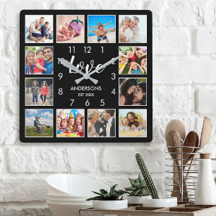 Custom Family Photo Collage Personalized Black Square Wall Clock