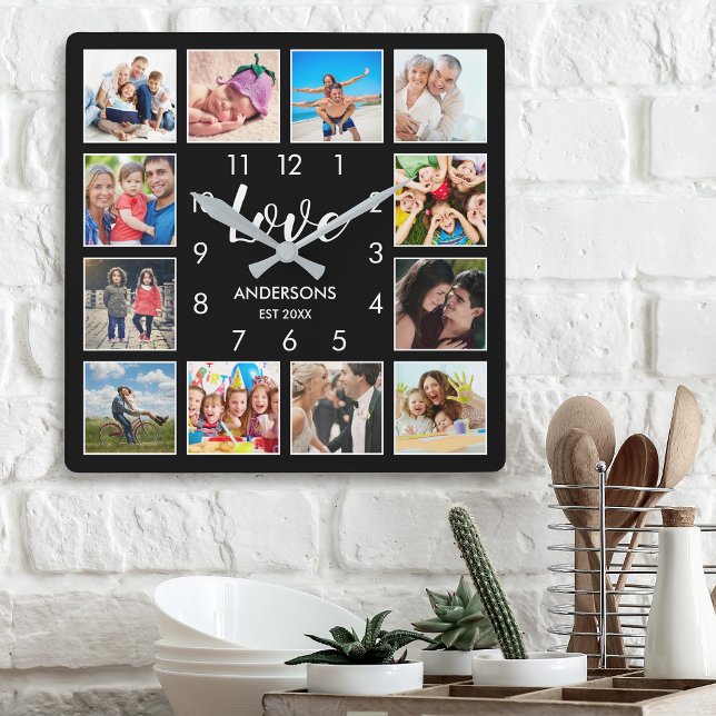 Custom Family Photo Collage Personalized Black Square Wall Clock (Creator Uploaded)
