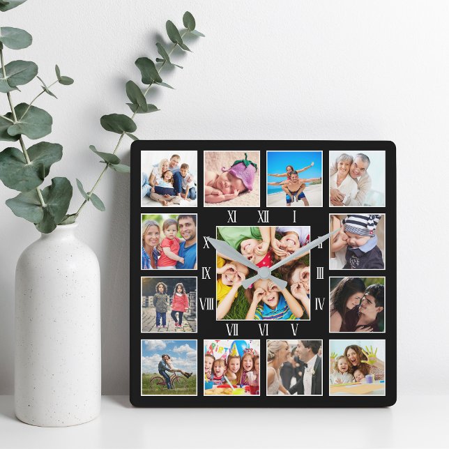 Custom Family Photo Collage Personalized Black Square Wall Clock (Creator Uploaded)