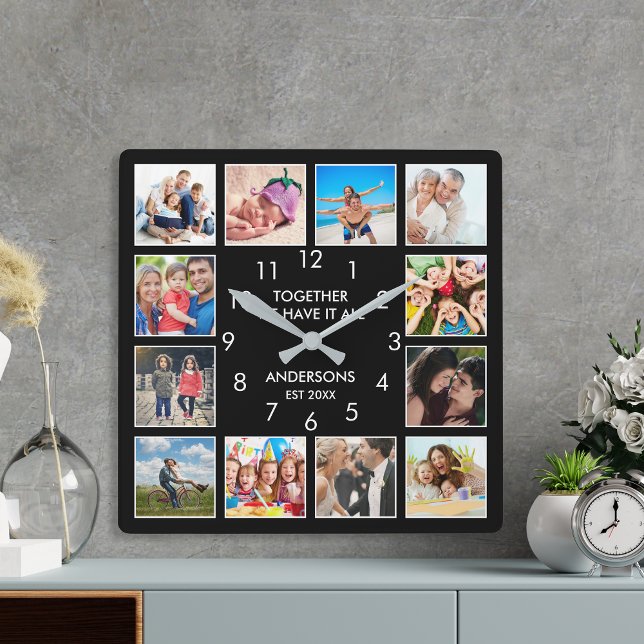 Custom Family Photo Collage Personalized Black Square Wall Clock (Creator Uploaded)