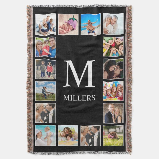 Custom Family Photo Collage Personalized Black Throw Blanket (Front Vertical)