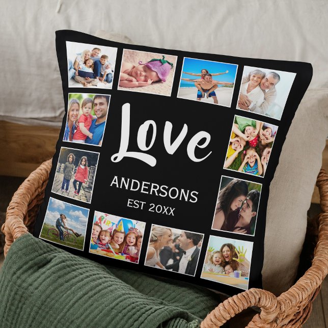 Custom Family Photo Collage Personalized Black Throw Pillow (Creator Uploaded)