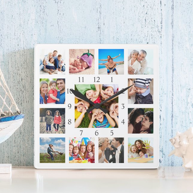 Custom Family Photo Collage Personalized White Square Wall Clock (Creator Uploaded)
