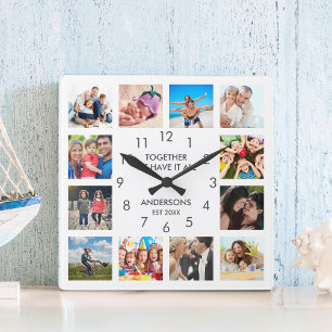 Custom Family Photo Collage Personalized White Square Wall Clock