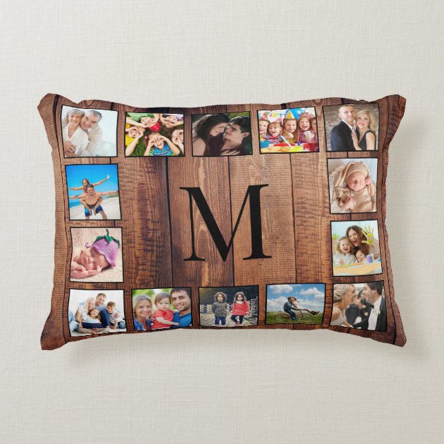 Custom Family Photo Collage Reclaimed Wood Accent Pillow (Front)