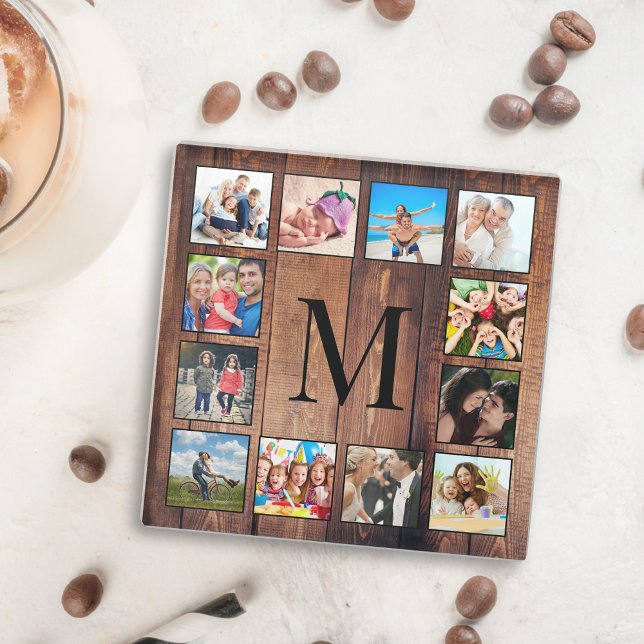 Custom Family Photo Collage Reclaimed Wood Glass Coaster (Creator Uploaded)