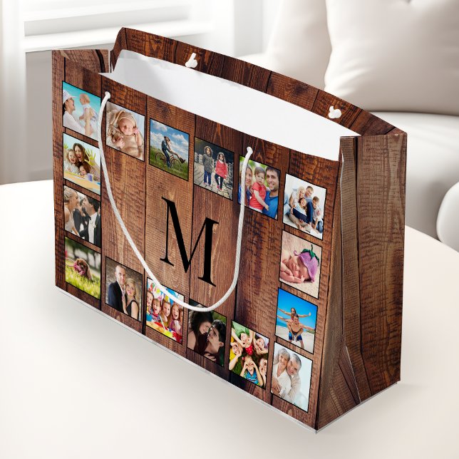 Custom Family Photo Collage Reclaimed Wood Large Gift Bag (Creator Uploaded)