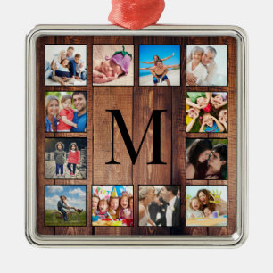 Custom Family Photo Collage Reclaimed Wood Metal Ornament