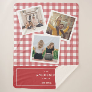 Custom Family Photo Collage Red Gingham Sherpa Blanket