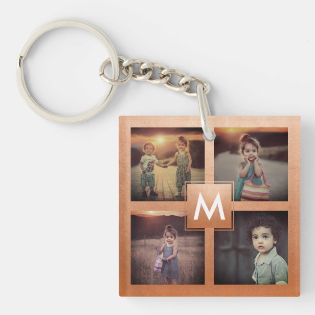 Custom Family Photo Collage Rose Gold Monogram Keychain (Front)