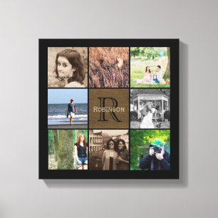Custom Family Photo Collage Rustic Burlap Monogram Canvas Print