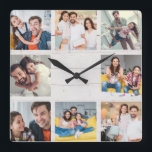 Custom Family Photo Collage Rustic Modern Wood Square Wall Clock<br><div class="desc">Custom Family 8 - Photo Collage on a rustic white "shiplap" wood background. Great personalized present for Father's Day,  Mother's Day,  or as a present for grandmoms and granddad's for Birthdays or Family Holidays. Update with your favourite 8 photos and this will be a keepsake they will surely treasure.</div>