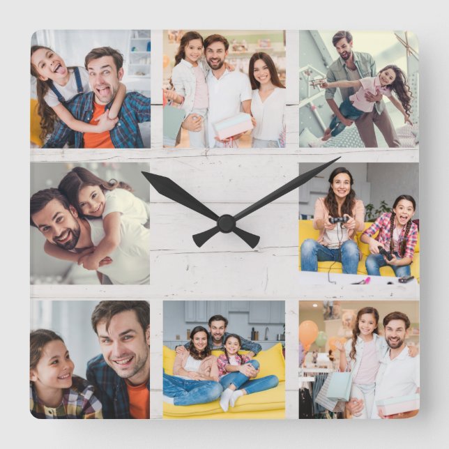 Custom Family Photo Collage Rustic Modern Wood Square Wall Clock (Front)