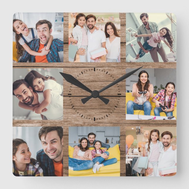 Custom Family Photo Collage Rustic Modern Wood Square Wall Clock (Front)