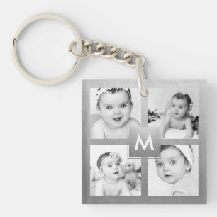 Custom Family Photo Collage Silver Monogram Keychain