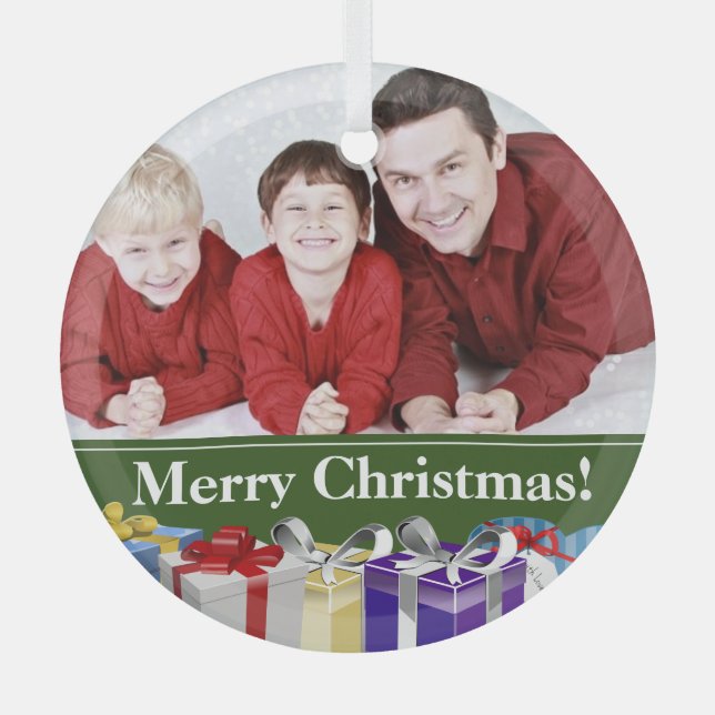 Custom Family Photo Colourful Christmas Parcels Glass Ornament (Front)