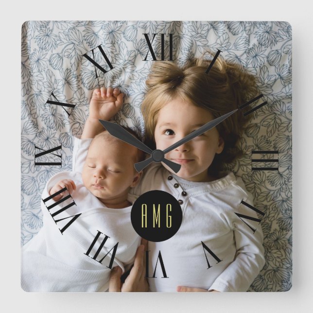 Custom Family Photo | Custom Monogram Square Wall Clock (Front)