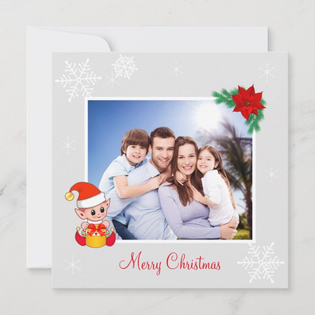 Custom Family Photo & Cute Elf on Silver Christmas (Front)