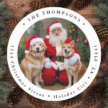 Custom Family Photo Dog Christmas Return Address Classic Round Sticker<br><div class="desc">Celebrate the holiday season with our delightful Round Photo Return Address Labels, perfect for adding a personal touch to your Christmas cards and greetings. Designed with simplicity and modern flair, these labels feature a charming round shape that beautifully frames your family's photo or a delightful snapshot of your beloved pets,...</div>