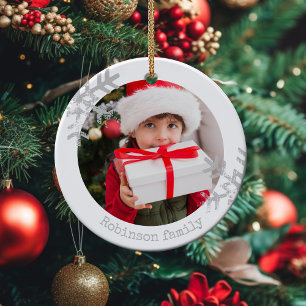 Custom Family Photo Elegant Snowflake Christmas Ceramic Ornament