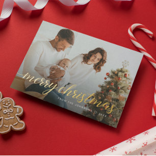 Custom Family Photo Gold Foil Merry Christmas Holiday Card