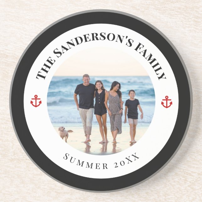 Custom Family Photo in Black Circle Red Anchor Coaster (Front)