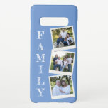 Custom Family Photo Instant Photo Periwinkle Samsung Galaxy Case<br><div class="desc">This modern custom family photo design features a collage of three of your own family or children's photos inside a collage of instant photo frames and the word "family" in modern typography on a periwinkle blue background. This is the perfect gift for the grandparent,  grandma,  grandpa,  mom,  or dad.</div>