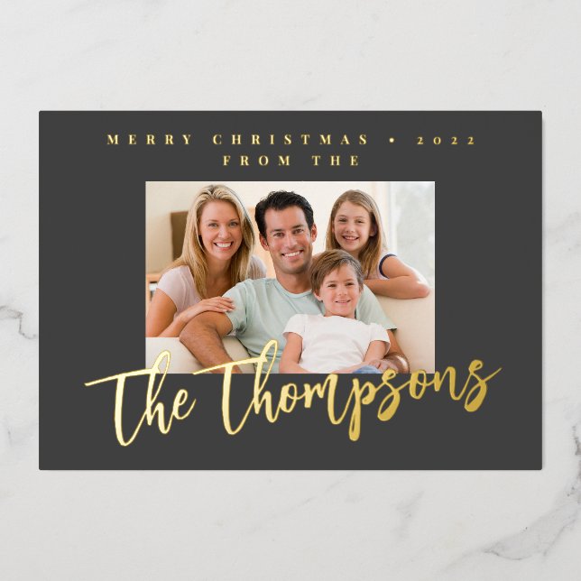 Custom Family photo last name Merry Christmas 2023 Foil Holiday Card (Front)