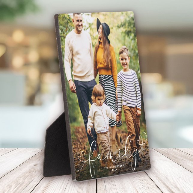 Custom Family Photo Modern Heart Script Plaque (Creator Uploaded)