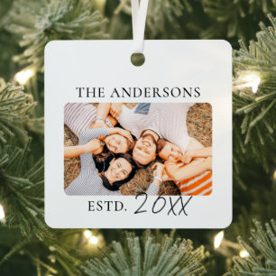 Custom Family Photo Modern Minimalist "ESTD" Year Metal Ornament