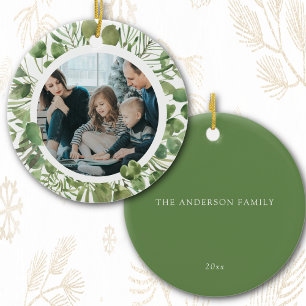 Custom Family Photo Name Christmas Eucalyptus Ceramic Ornament