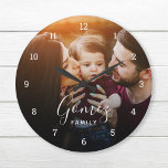 Custom Family Photo Overlay Monogrammed Large Clock<br><div class="desc">Create a special one of a kind round or square wall clock. The personalized clock design features your family name in simple modern fonts overlaid onto your full bleed family photo. Use the design tools to add more photos and text, and choose any fonts and colours to match your own...</div>