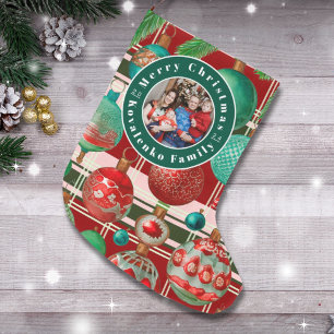 Custom Family Photo Red Green Plaid Holiday Large Christmas Stocking