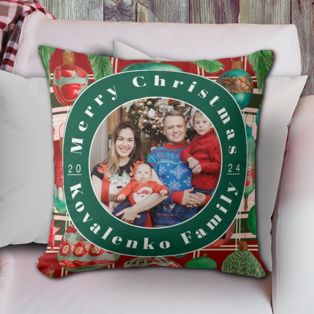 Custom Family Photo Red Green Plaid Holiday Throw Pillow (Creator Uploaded)
