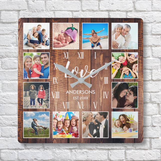 Custom Family Photo Rustic Farmhouse Love Script Square Wall Clock (Creator Uploaded)
