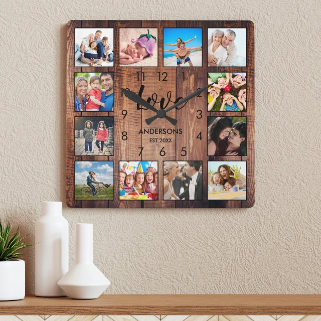 Custom Family Photo Rustic Farmhouse Love Script Square Wall Clock (Creator Uploaded)
