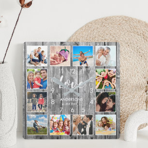 Custom Family Photo Rustic Farmhouse Love Script Square Wall Clock