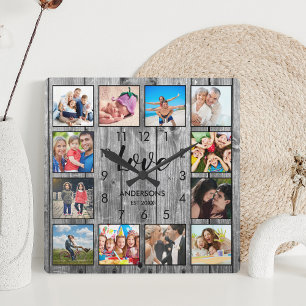 Custom Family Photo Rustic Farmhouse Love Script Square Wall Clock