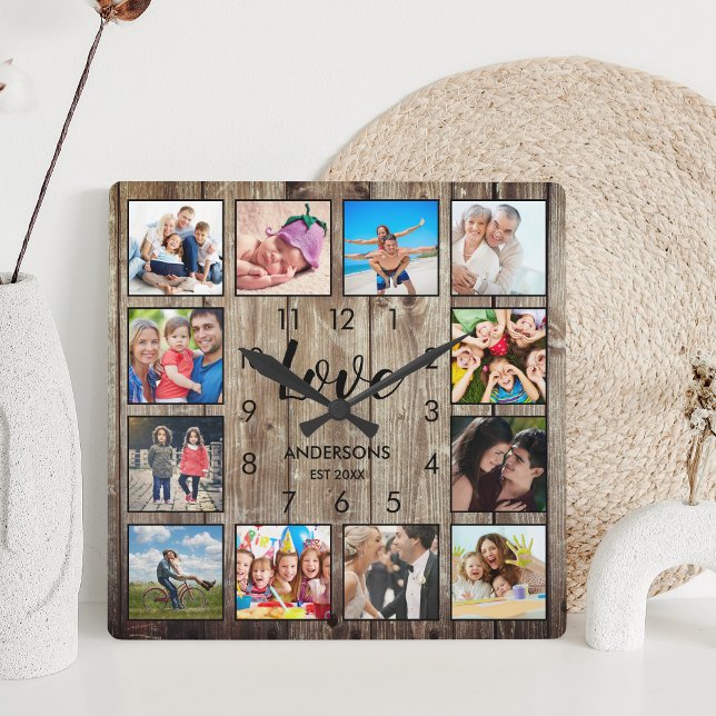 Custom Family Photo Rustic Farmhouse Love Script Square Wall Clock (Creator Uploaded)