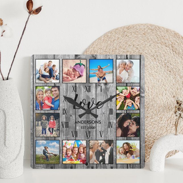 Custom Family Photo Rustic Farmhouse Love Script Square Wall Clock (Creator Uploaded)