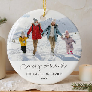 Custom Family Photo Simple Merry Chiristmas Ceramic Ornament