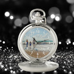 Custom family photo summer vacation text pocket watch<br><div class="desc">Add Your own favorite photo from a summer vacation,  travel,  kids,  wife,  girlfriend/boyfriend or pet.  White numbers with minutes.  Personalize and add your text,  white letters.
This watch is also available in our store with black numbers.</div>