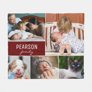 Custom Family Photo Tapestry with Dark Red Accent Fleece Blanket