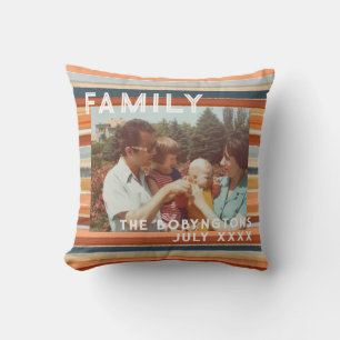 Custom family photo typography boho retro stripes  throw pillow
