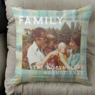 Custom family photo typography pastel plaid tartan throw pillow