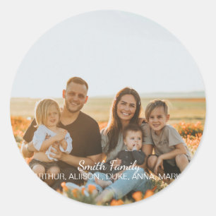 Custom family photo with custom names classic round sticker