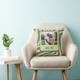 Custom Family Photo with Green Abstract Waves Throw Pillow