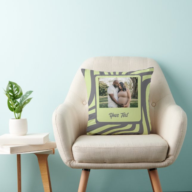 Custom Family Photo with Green Abstract Waves Throw Pillow (Chair)