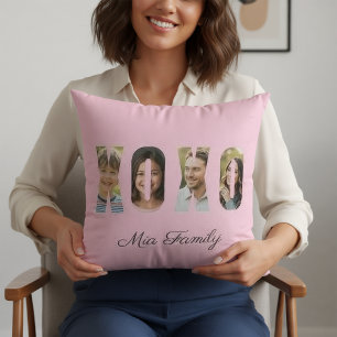 Custom Family Photo XOXO Pink Valentine’s Day Throw Pillow